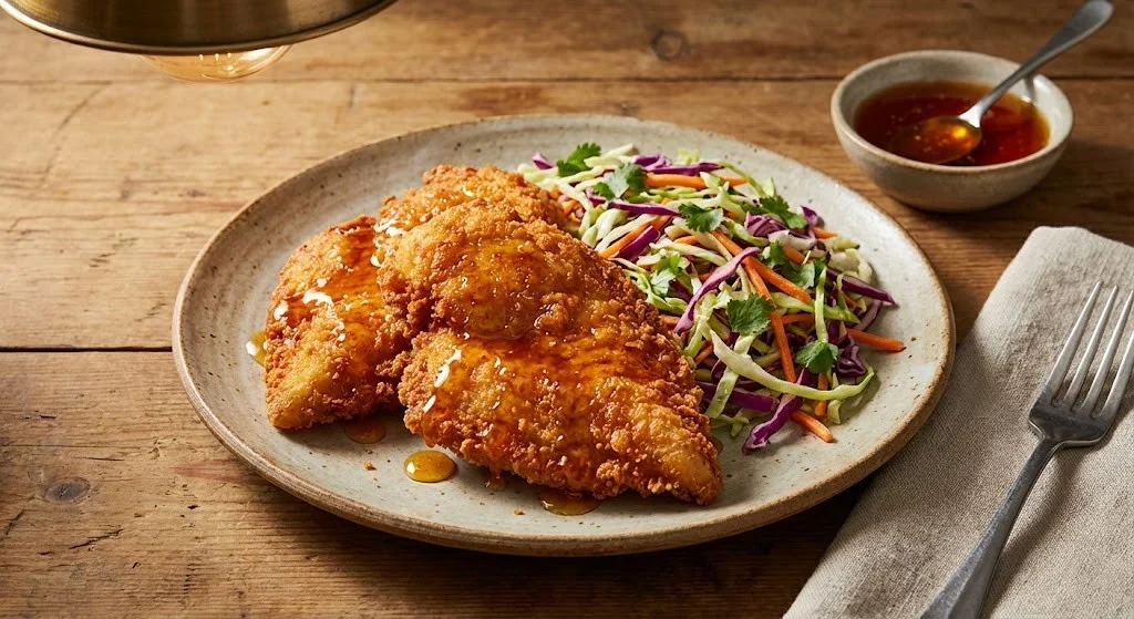 Hot honey crispy chicken breast cutlets with panko and slaw