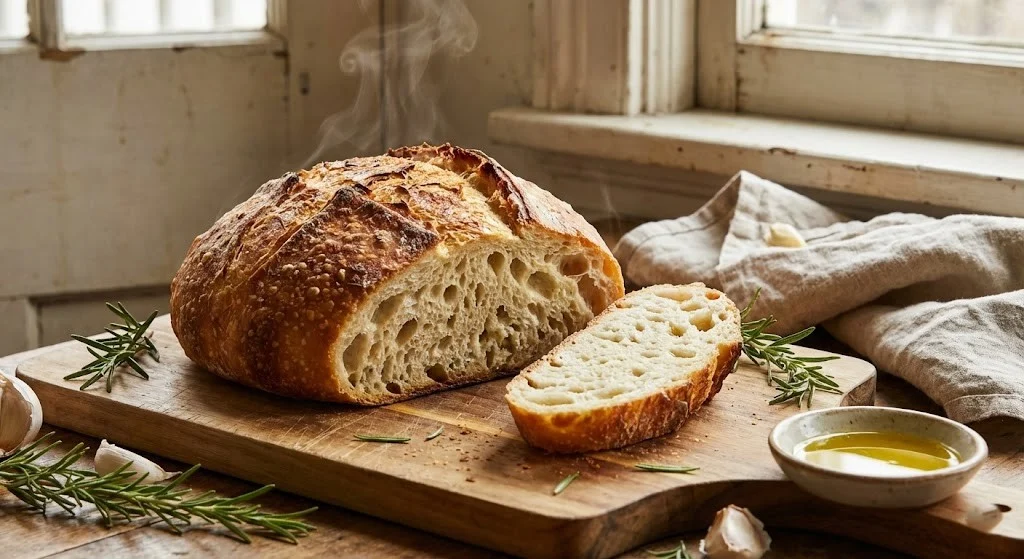 No knead garlic rosemary bread for soups and pasta nights
