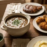 Homemade mushroom gravy for steak, chicken, and mashed potatoes