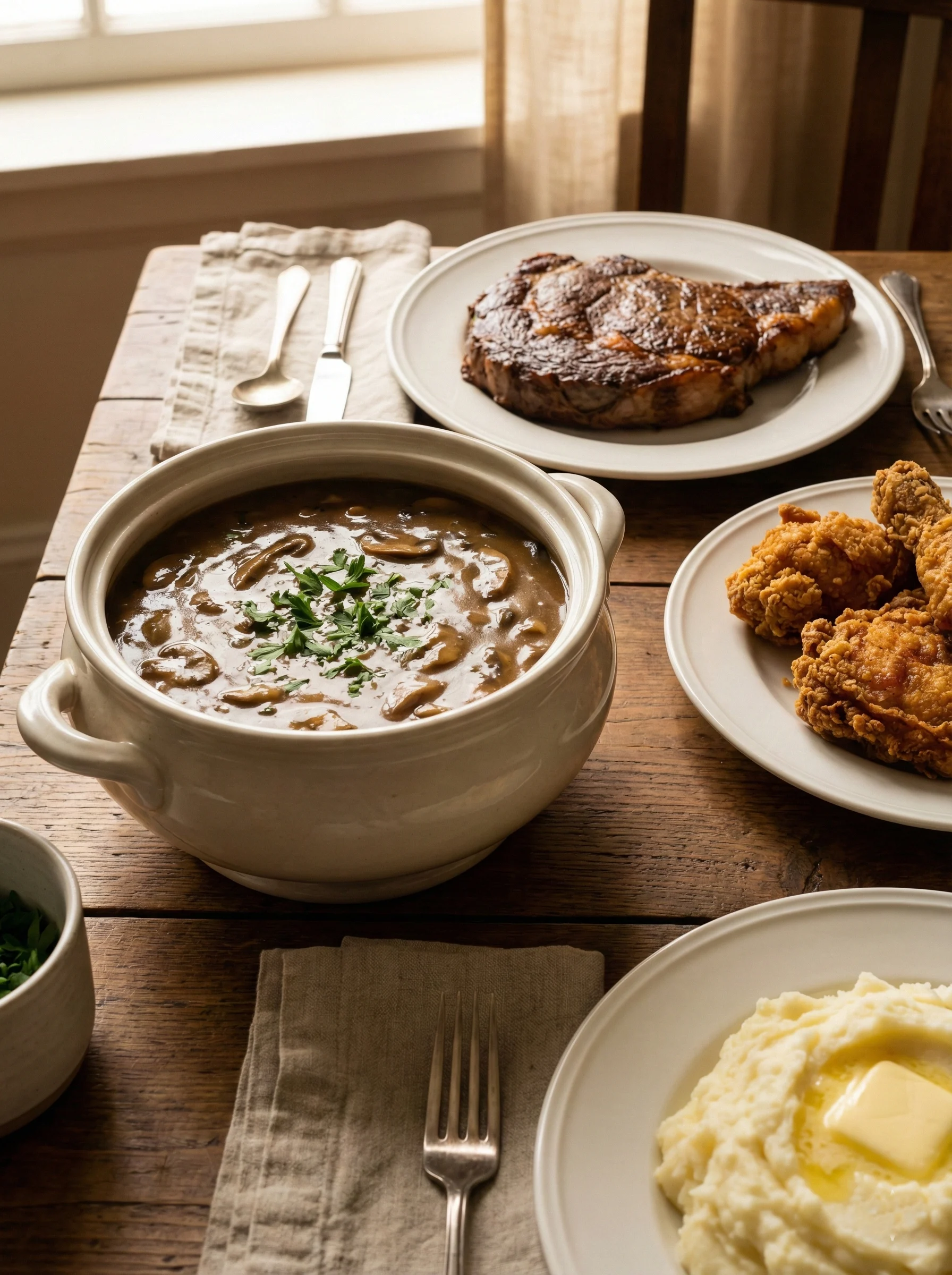 Homemade mushroom gravy for steak, chicken, and mashed potatoes