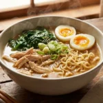 Ramen noodle soup with shredded chicken, ginger, and garlic