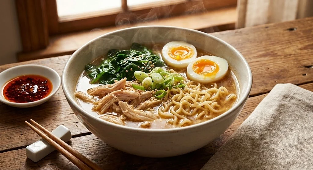 Ramen noodle soup with shredded chicken, ginger, and garlic