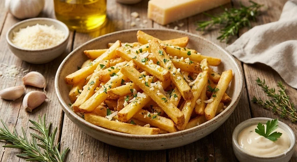 Air fryer crispy fries with parmesan garlic seasoning