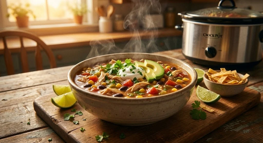 Crock pot chicken tortilla soup with rotisserie chicken