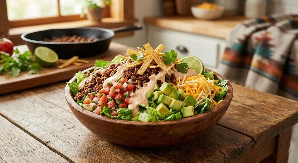 Beef taco salad with chipotle ranch and pico de gallo