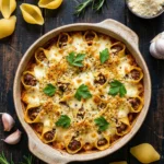Stuffed pasta bake with beef sausage or chicken sausage, mozzarella, and garlic crumbs