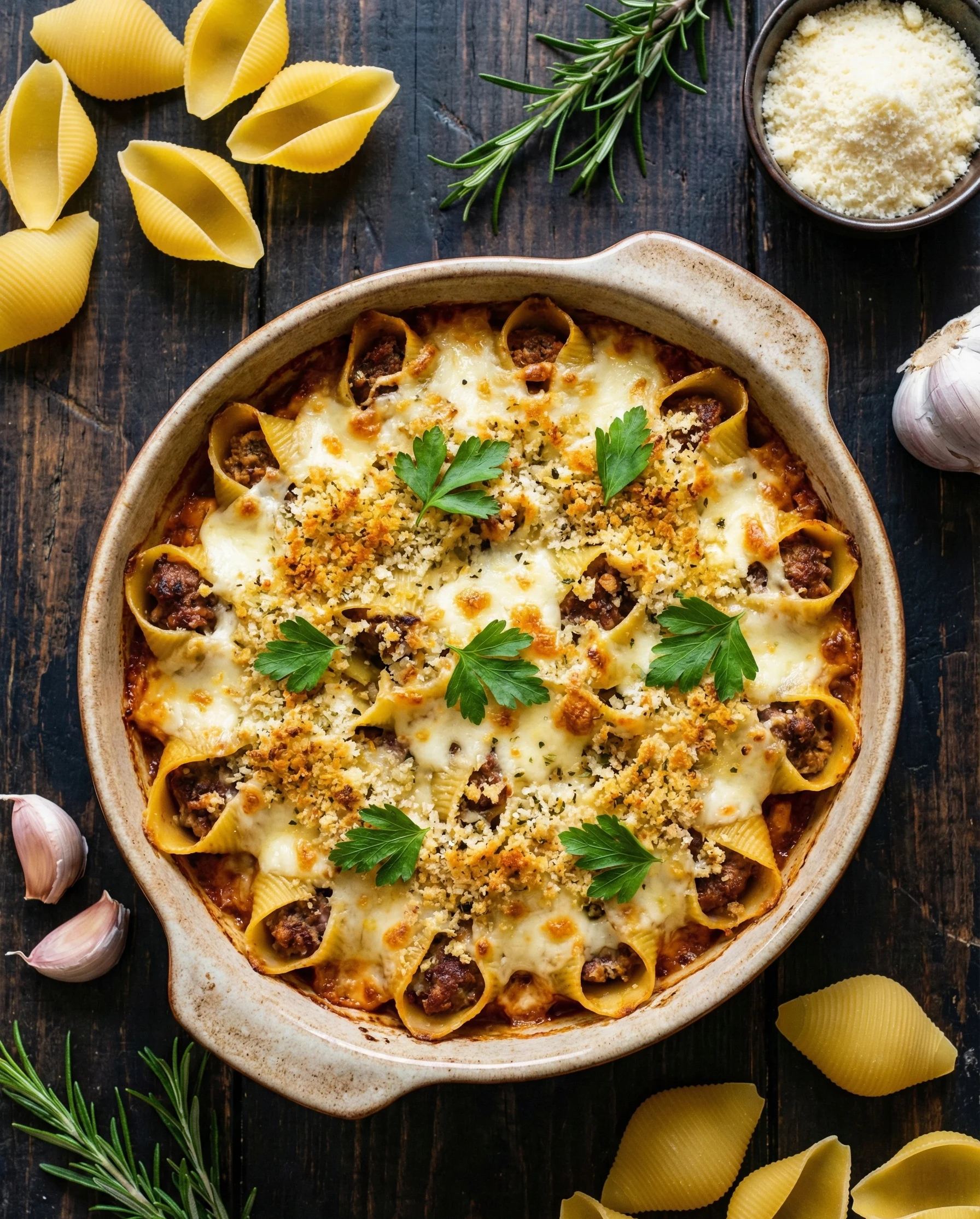 Stuffed pasta bake with beef sausage or chicken sausage, mozzarella, and garlic crumbs