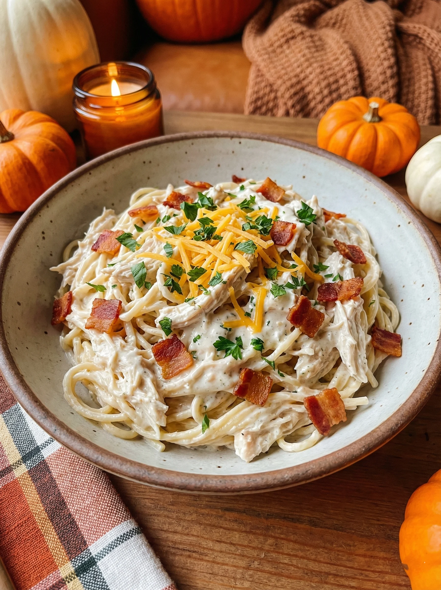 Chicken spaghetti with ranch seasoning and turkey bacon