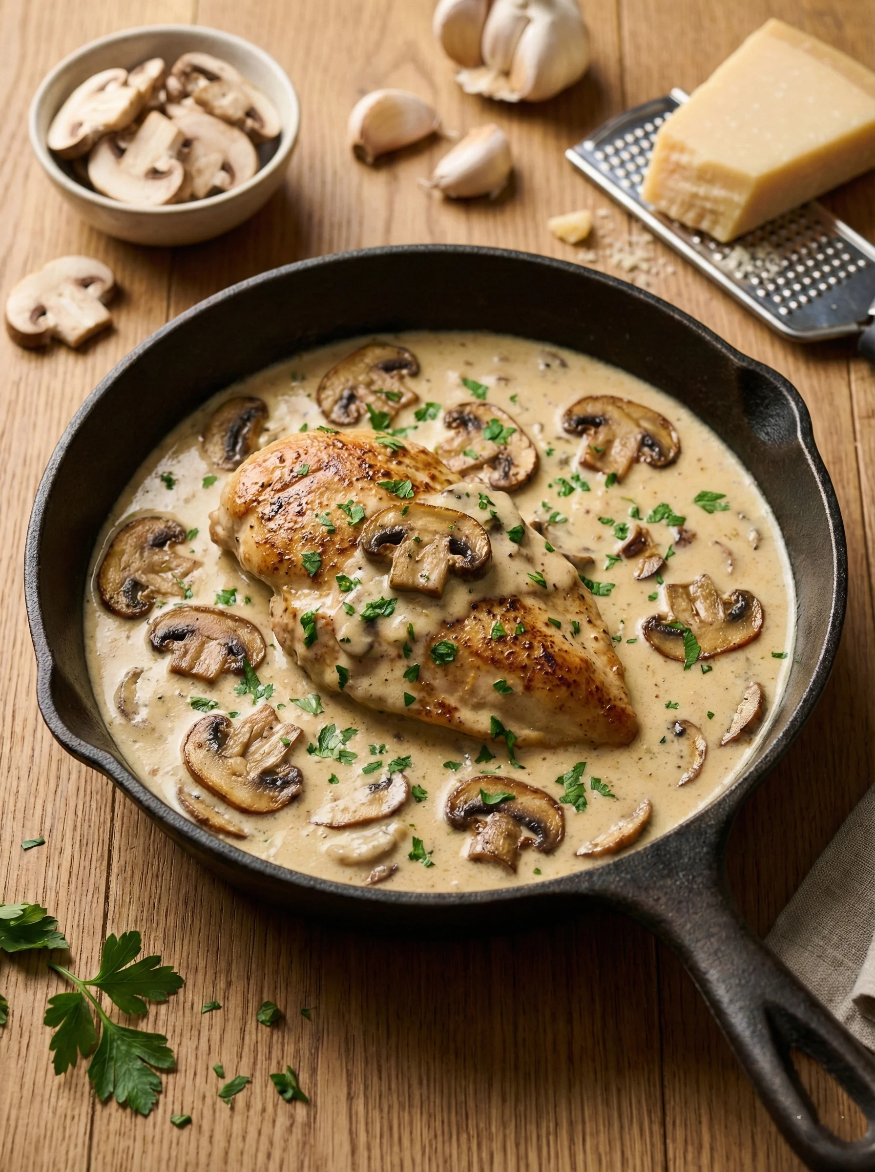 Creamy garlic chicken skillet with mushrooms and parmesan sauce