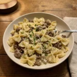 Creamy Parmesan Garlic Beef Bowtie Pasta