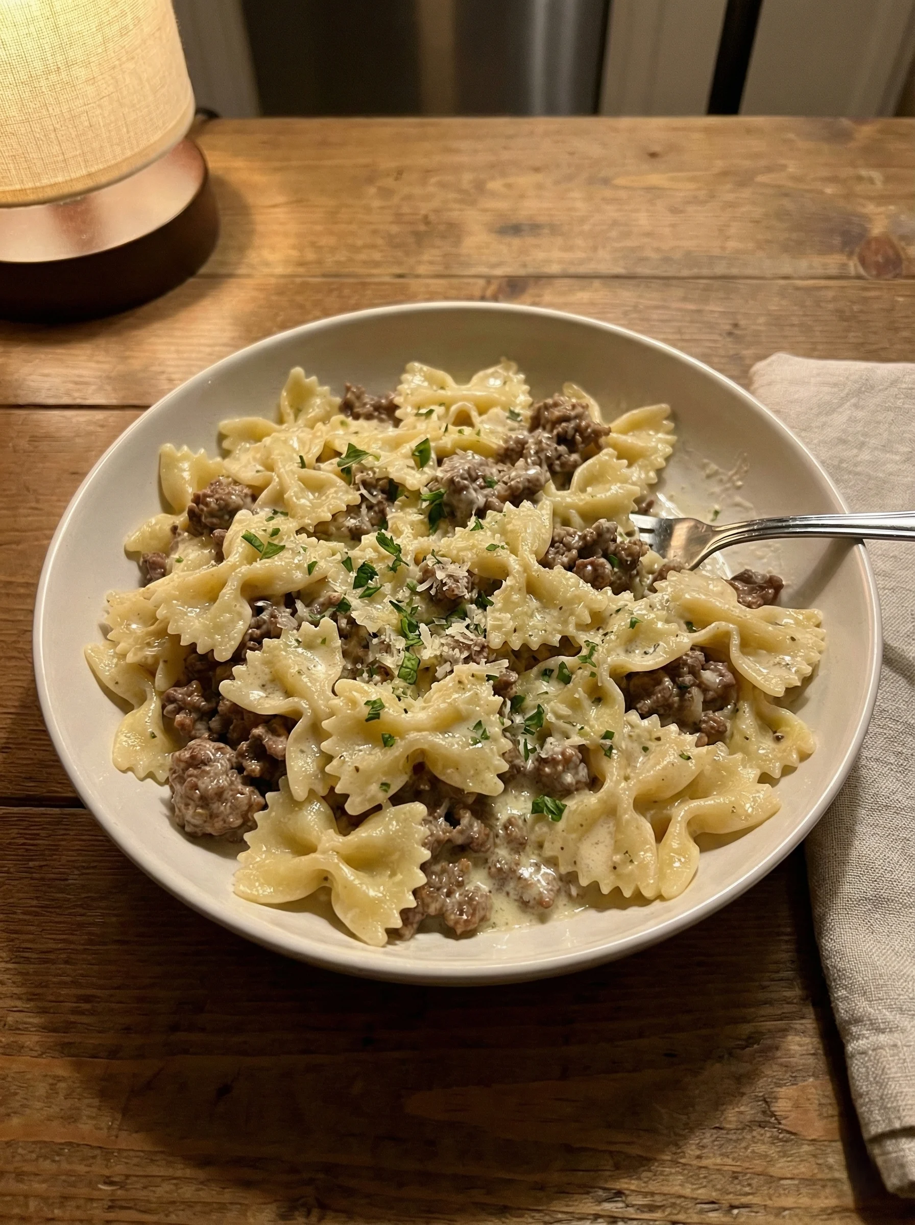 Creamy Parmesan Garlic Beef Bowtie Pasta