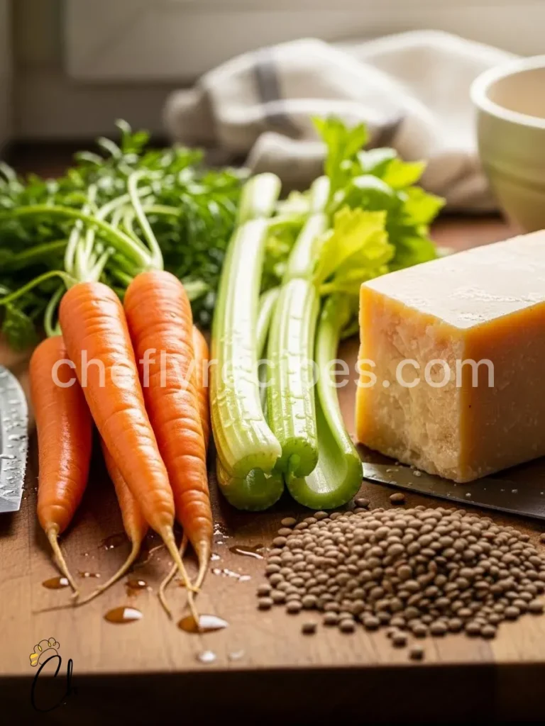 Sausage lentil soup with carrots, celery, and parmesan rind