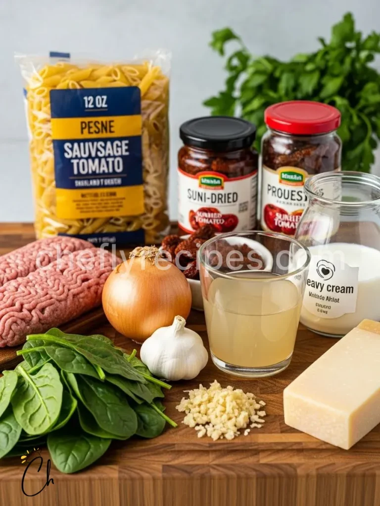 Creamy sausage pasta with sun dried tomatoes and spinach