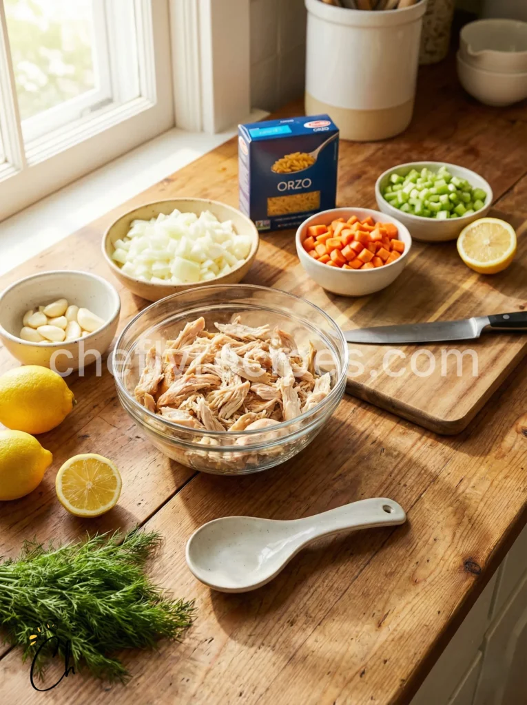 Shredded chicken soup with lemon and orzo