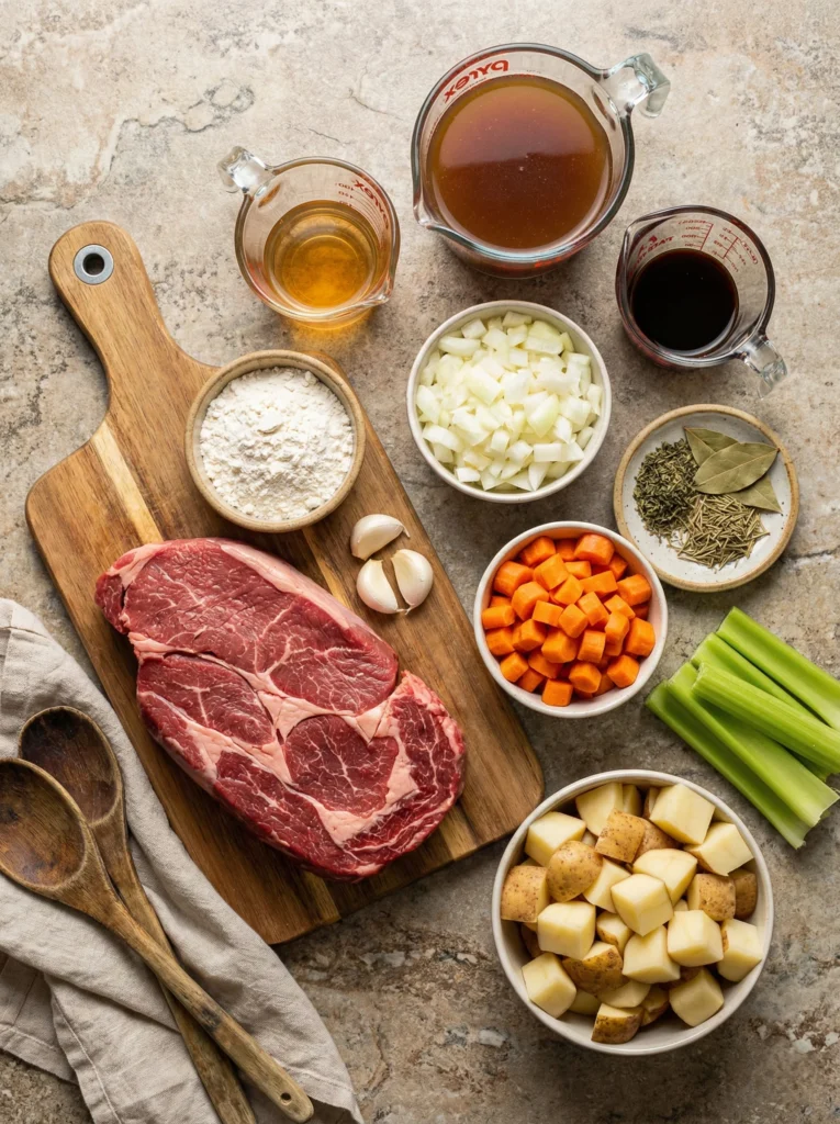 Classic beef stew without wine, use broth plus vinegar