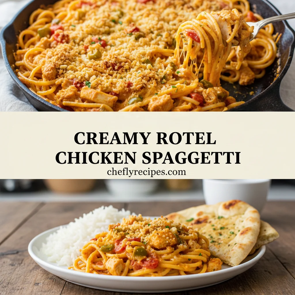 Creamy Rotel chicken spaghetti with cheddar and baked topping