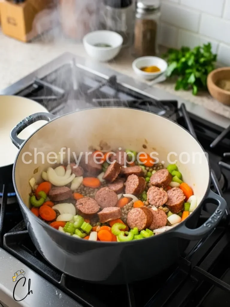 Sausage lentil soup with carrots, celery, and parmesan rind