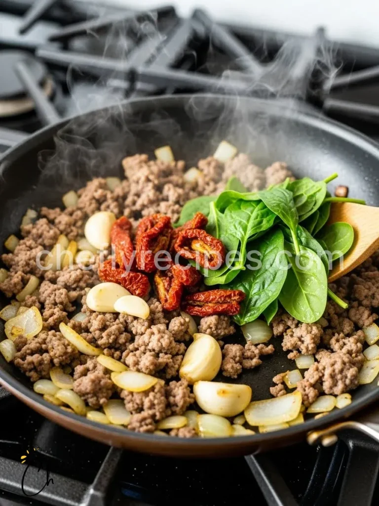 Creamy sausage pasta with sun dried tomatoes and spinach
