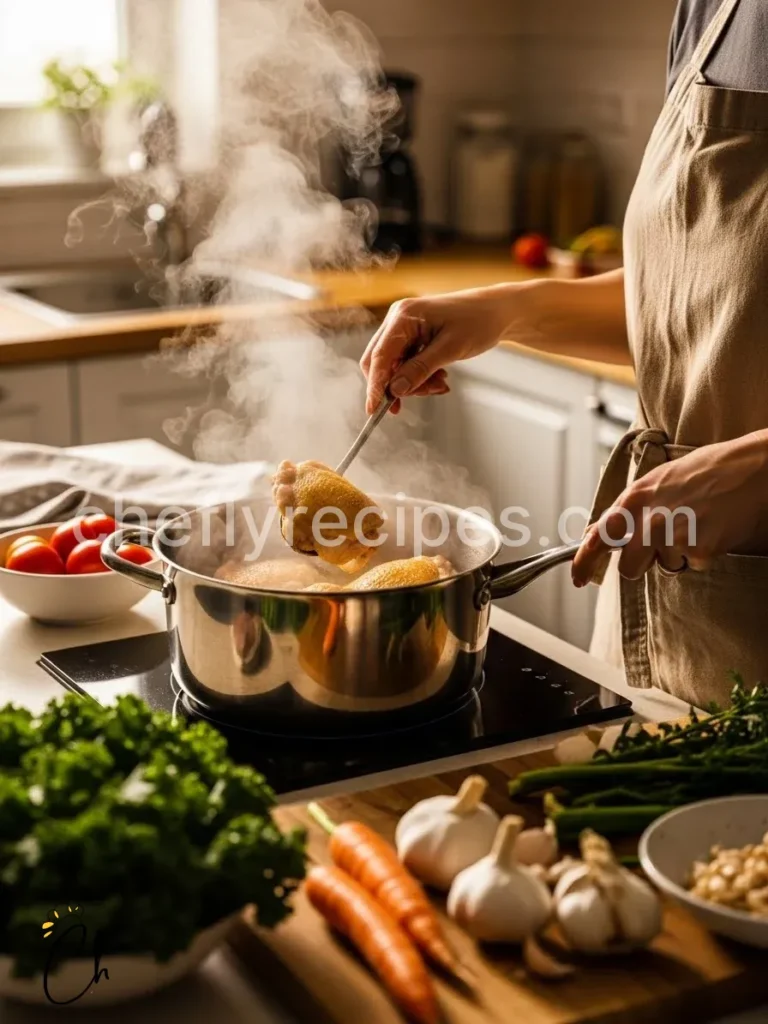 Chicken thigh soup with vegetables and herb broth