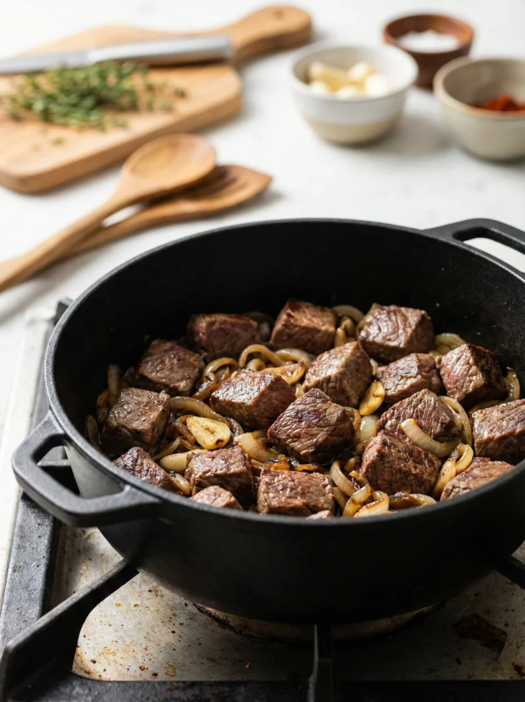 Classic beef stew without wine, use broth plus vinegar