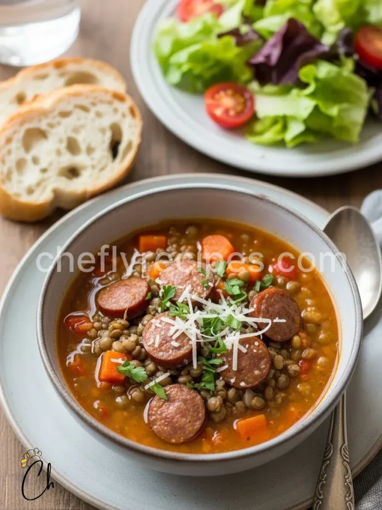 Sausage lentil soup with carrots, celery, and parmesan rind
