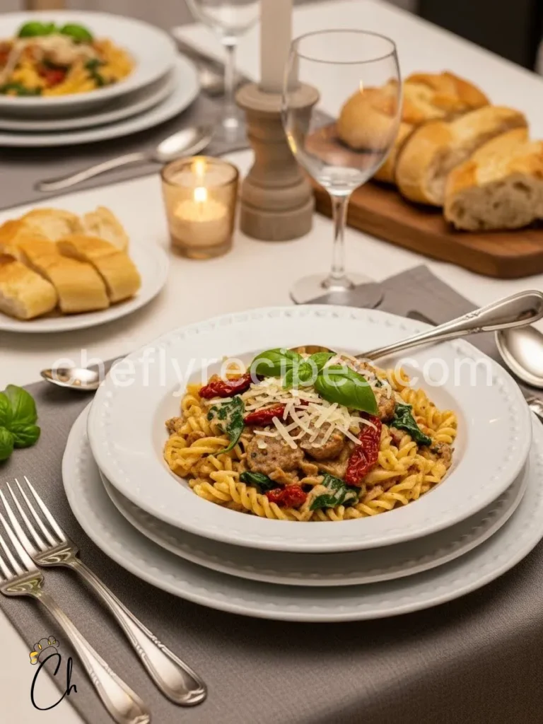 Creamy sausage pasta with sun dried tomatoes and spinach