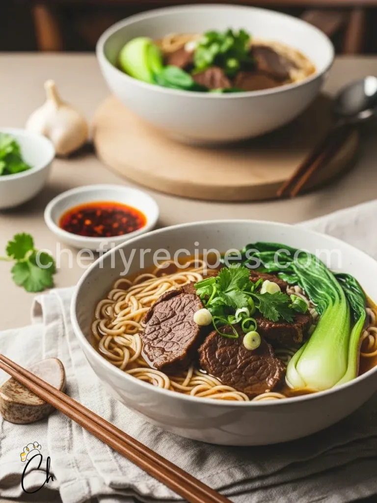 Beef noodle soup with garlic chili oil and bok choy