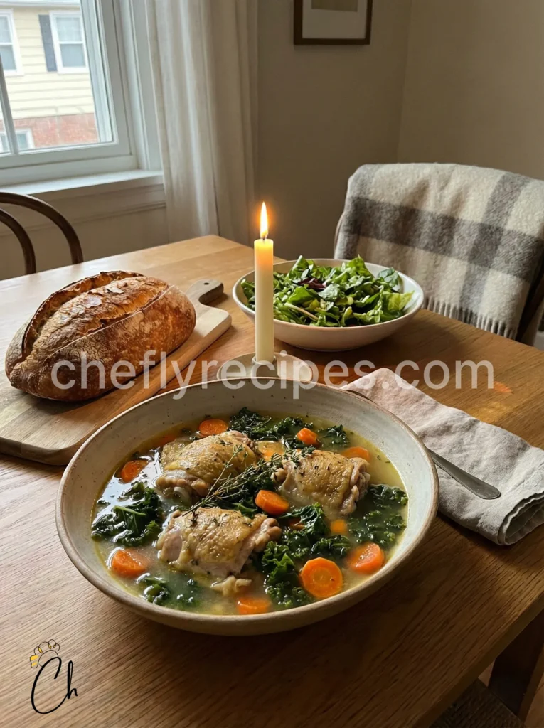 Chicken thigh soup with vegetables and herb broth