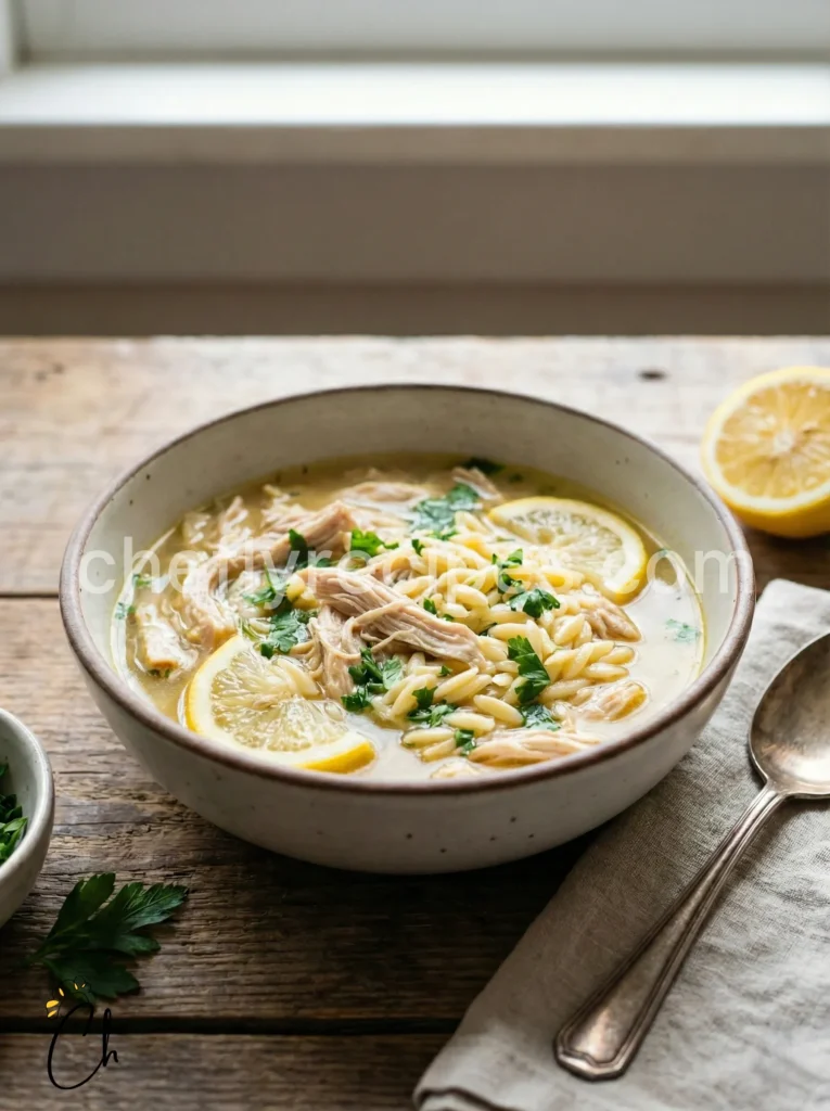 Shredded chicken soup with lemon and orzo