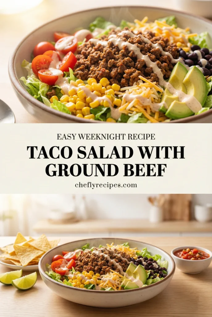 Taco salad with ground beef and creamy salsa dressing