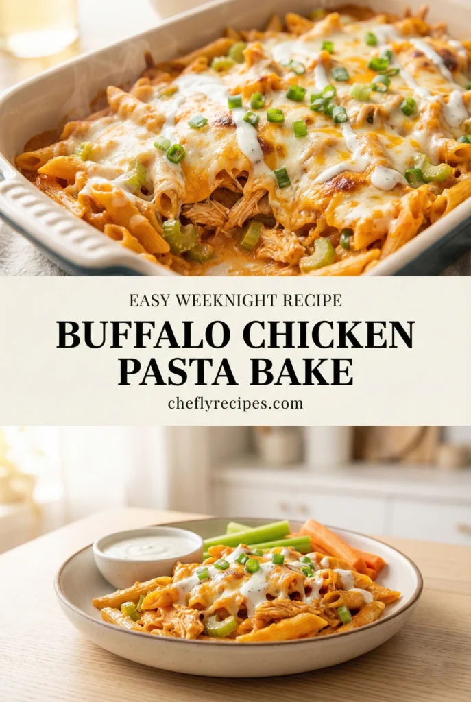 Buffalo chicken pasta bake with ranch drizzle and mozzarella