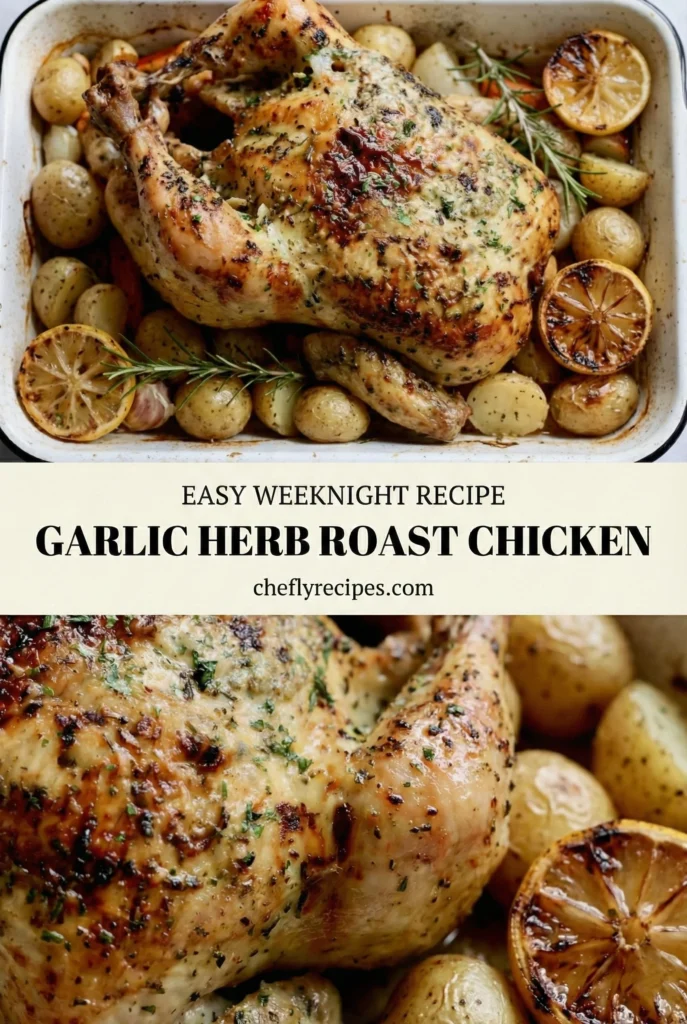 Garlic herb roast chicken with crispy potatoes and lemon
