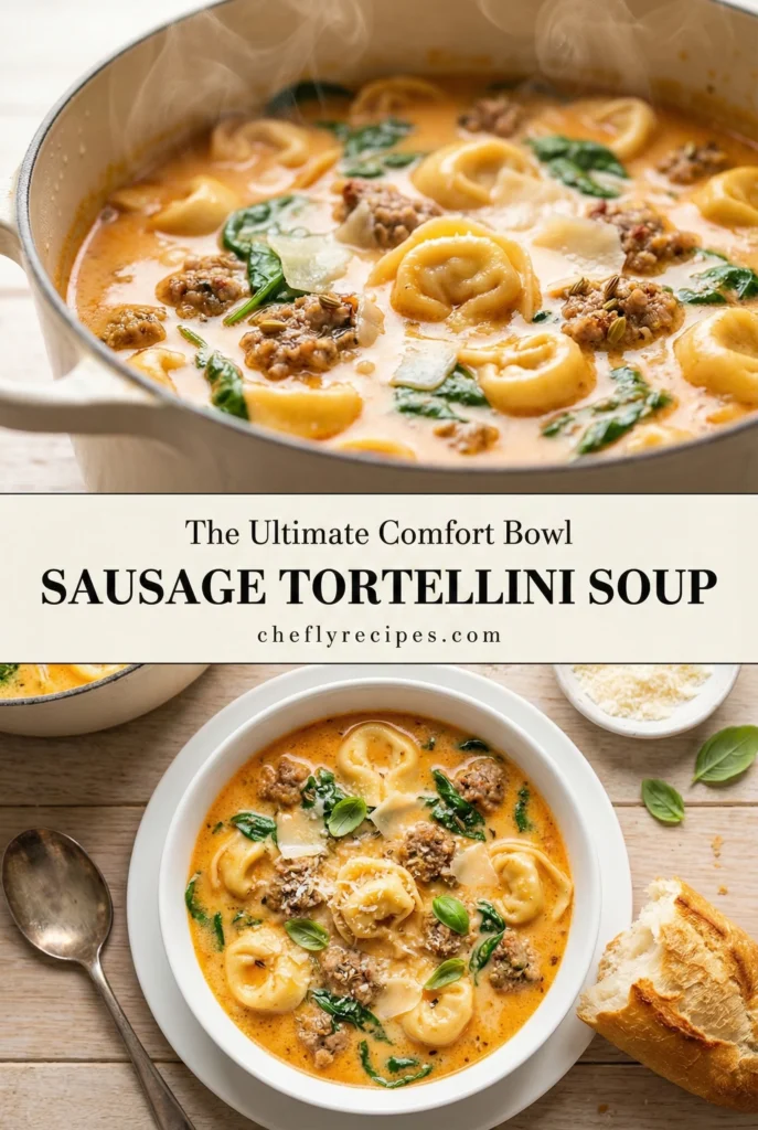 Sausage tortellini soup with spinach and parmesan