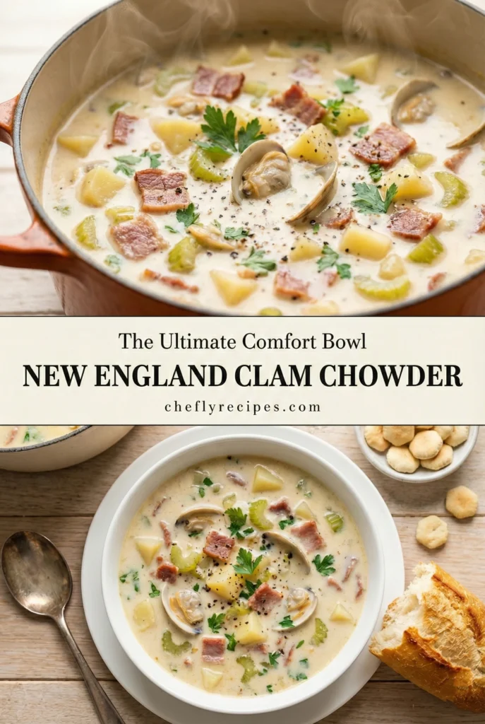 New England clam chowder with turkey bacon, potatoes, and celery