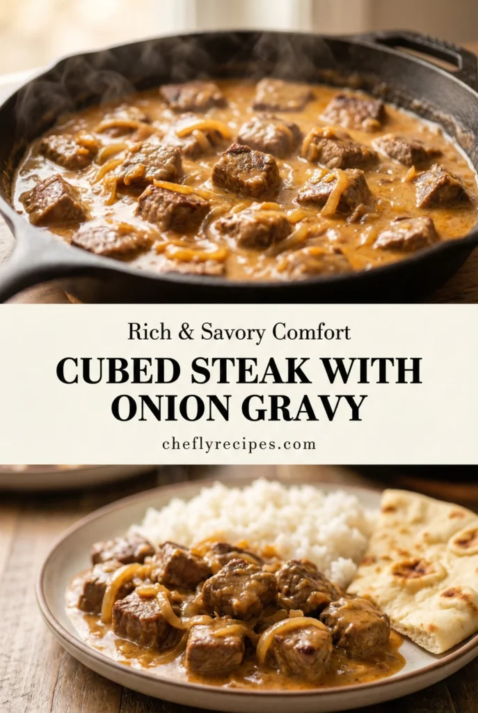 Cubed steak with onion gravy and buttery egg noodles