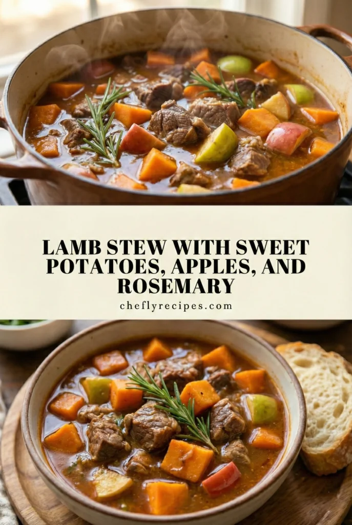 Lamb stew with sweet potatoes, apples, and rosemary