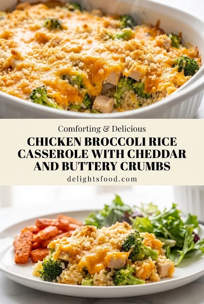 Chicken broccoli rice casserole with cheddar and buttery crumbs