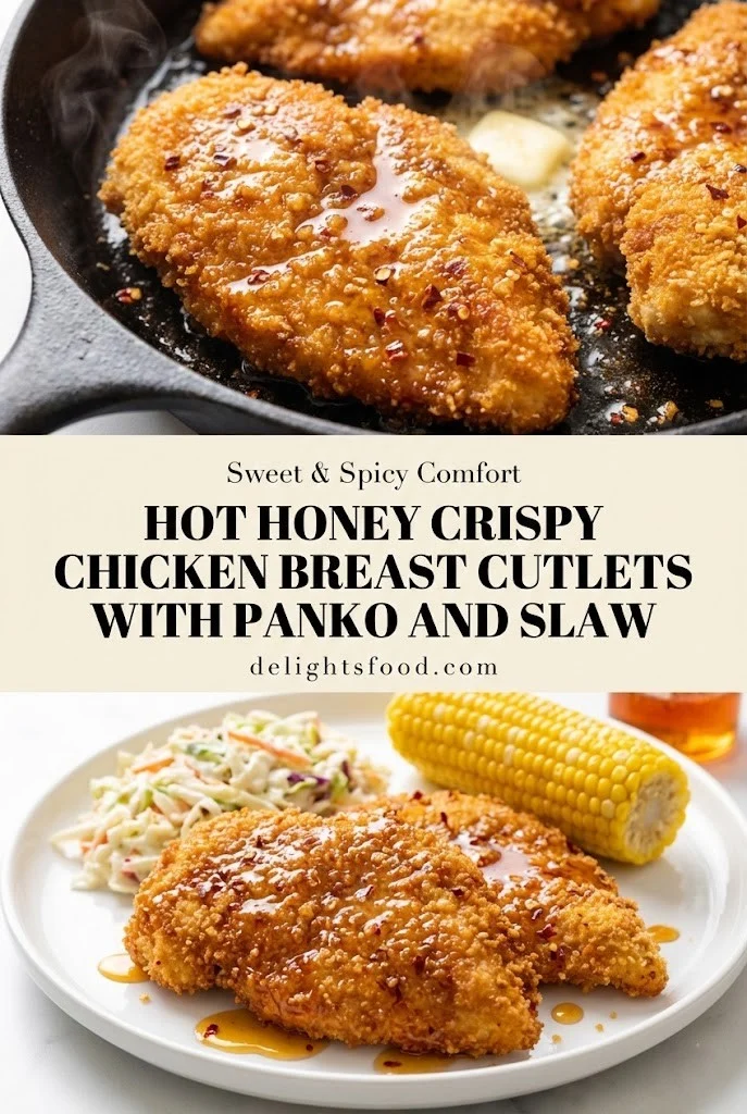 Hot honey crispy chicken breast cutlets with panko and slaw