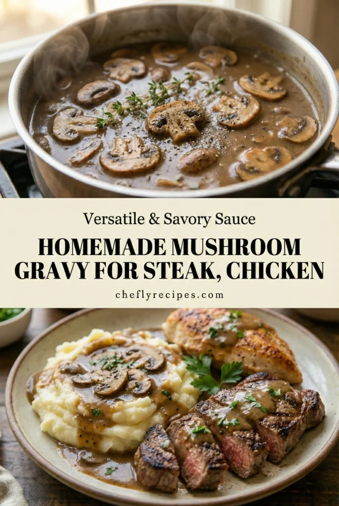 Homemade mushroom gravy for steak, chicken, and mashed potatoes