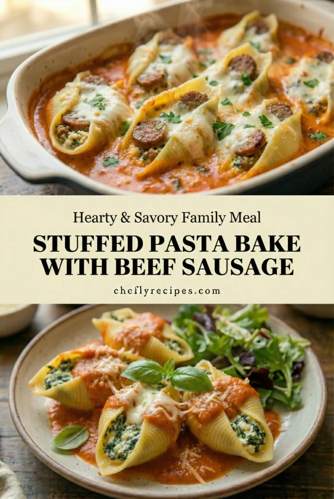 Stuffed pasta bake with beef sausage or chicken sausage, mozzarella, and garlic crumbs