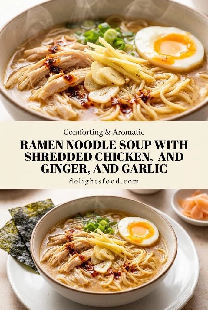 Ramen noodle soup with shredded chicken, ginger, and garlic