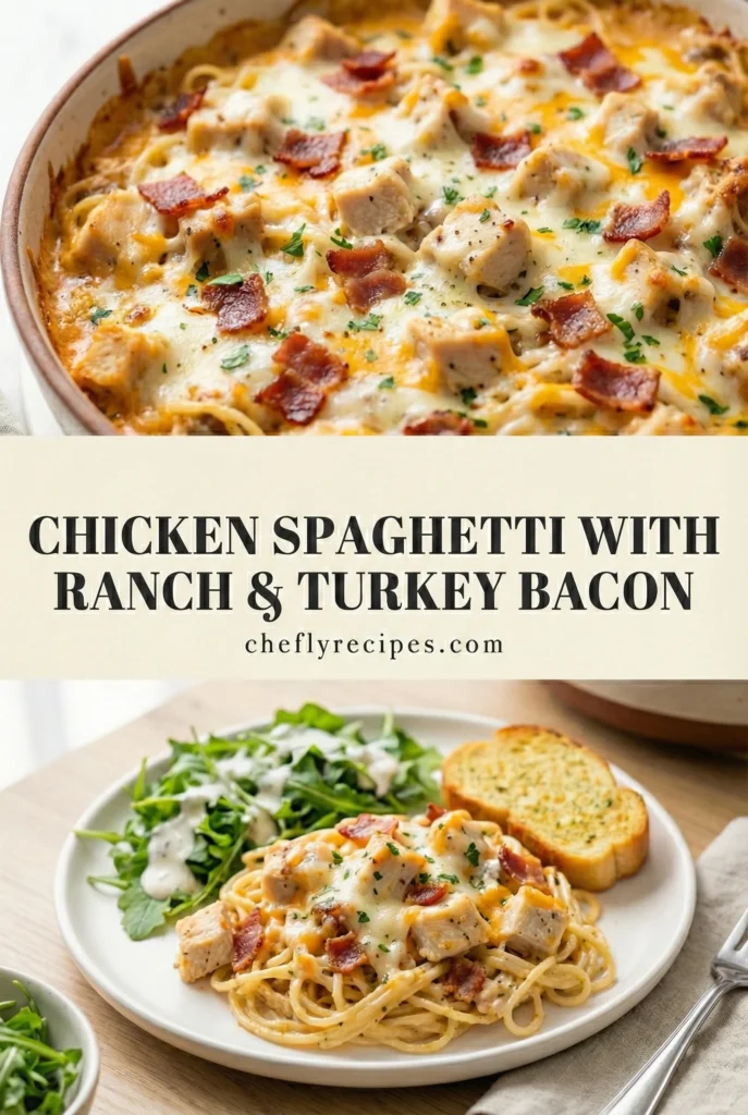 Chicken spaghetti with ranch seasoning and turkey bacon