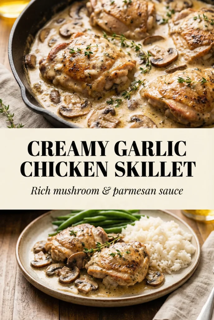 Creamy garlic chicken skillet with mushrooms and parmesan sauce