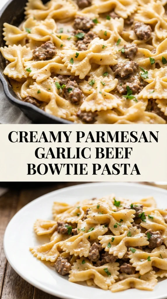 Creamy Parmesan Garlic Beef Bowtie Pasta