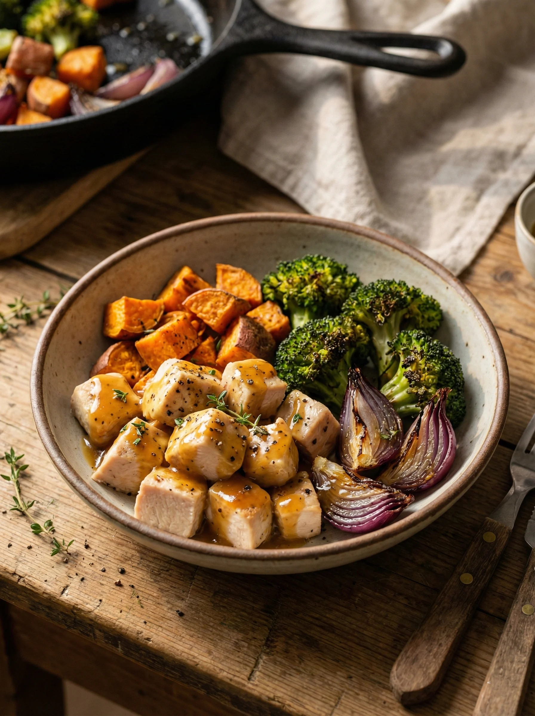 Honey Mustard Chicken and Roasted Veggie Bowls
