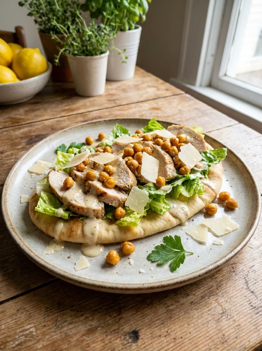Chicken Caesar Flatbread with Crispy Chickpeas