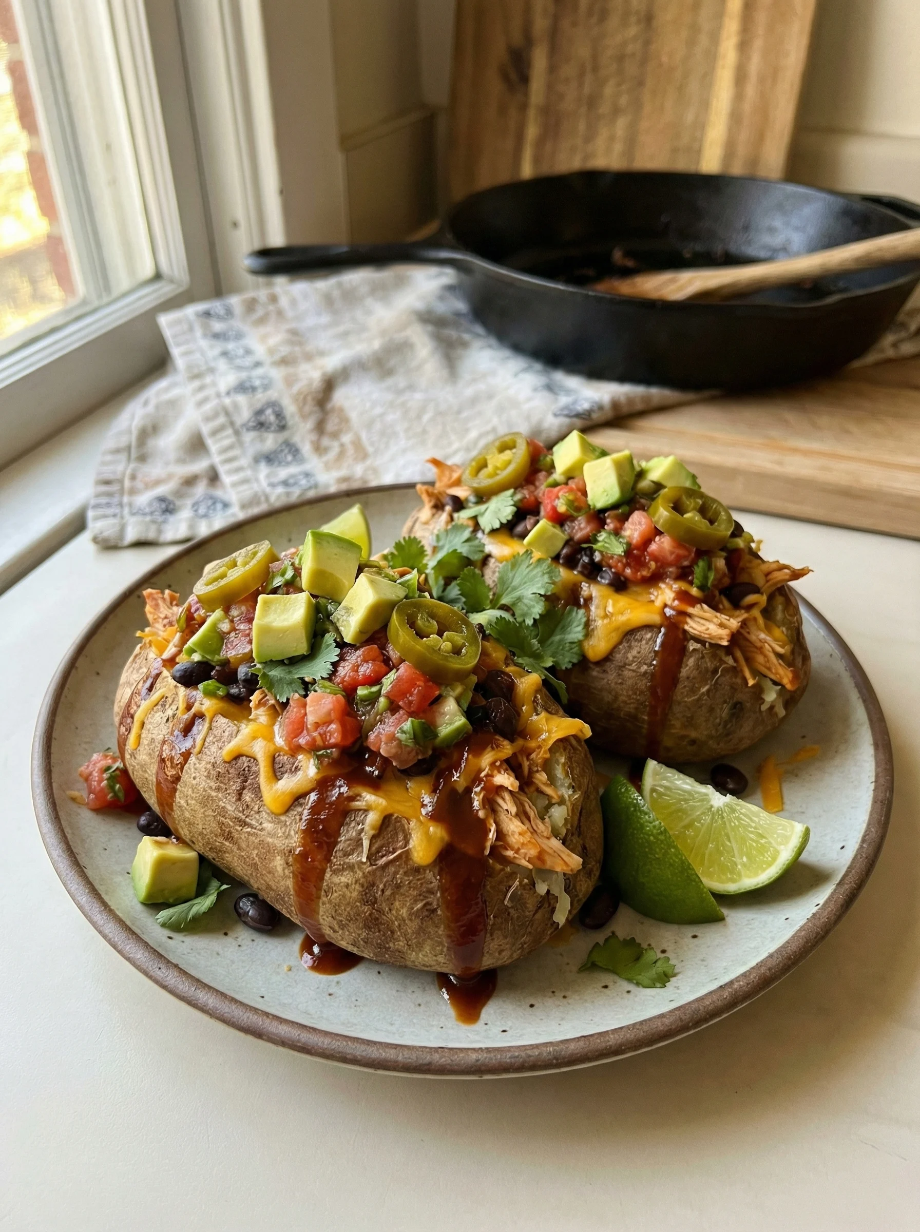 BBQ Chicken Stuffed Baked Potatoes with "Taco" Toppings