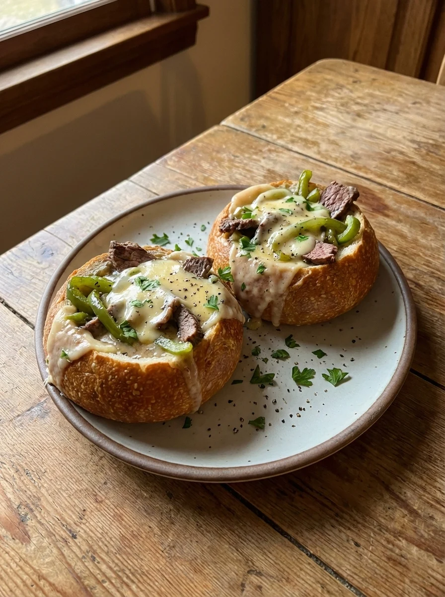 Philly Cheesesteak Soup in Bread Bowls