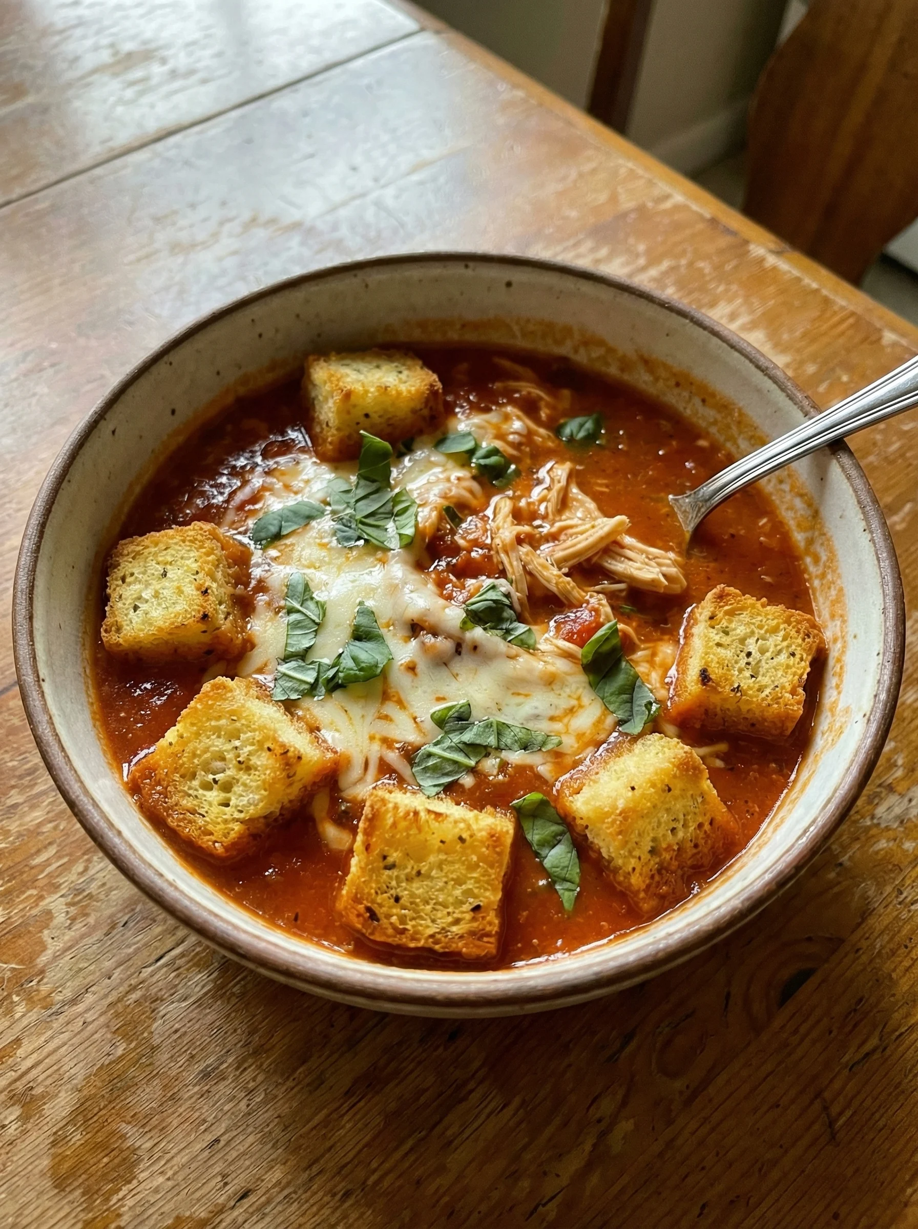 Chicken Parmesan Soup with Garlic Bread Croutons