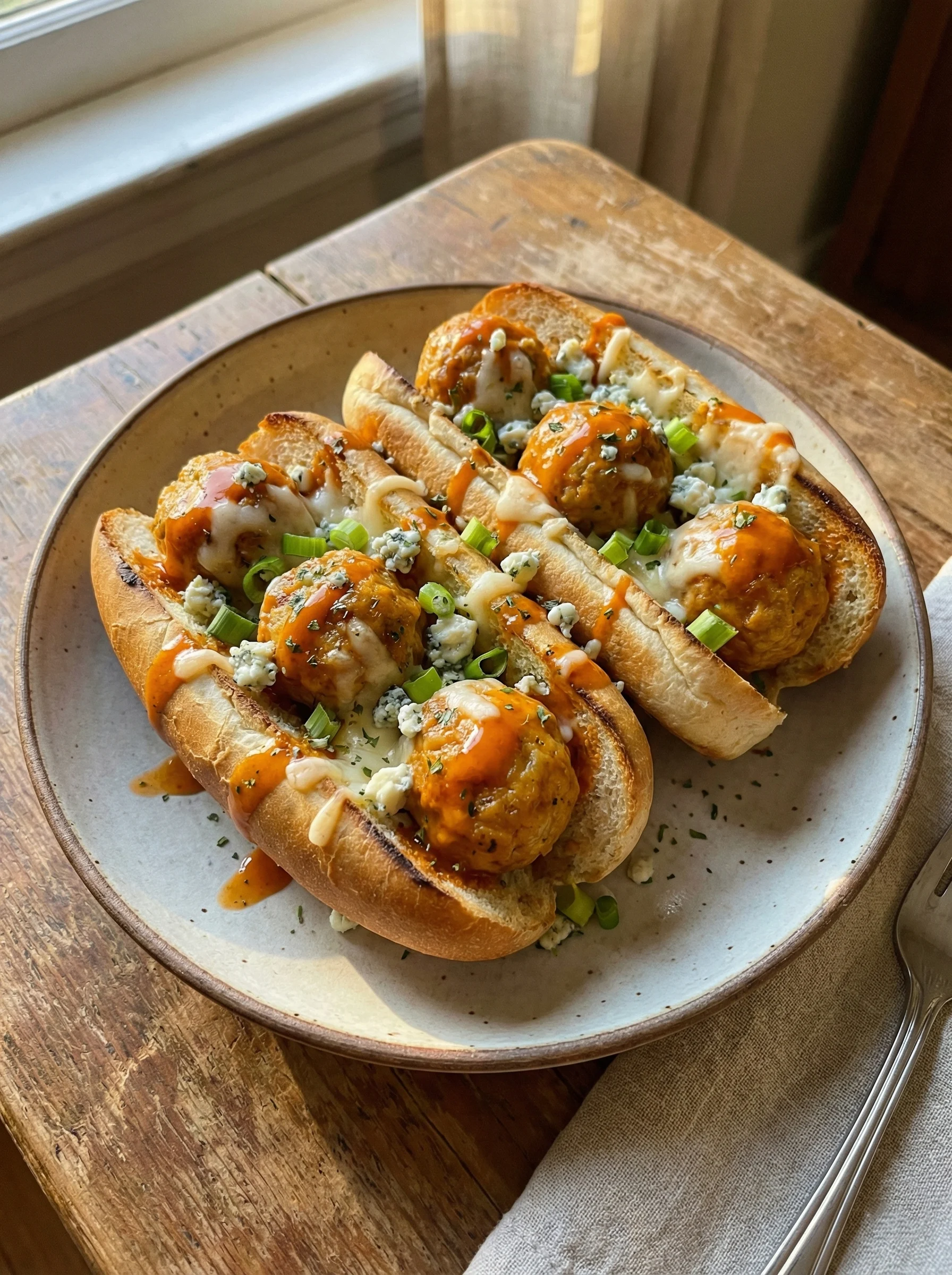 Sheet Pan Buffalo Chicken Meatball Hoagies
